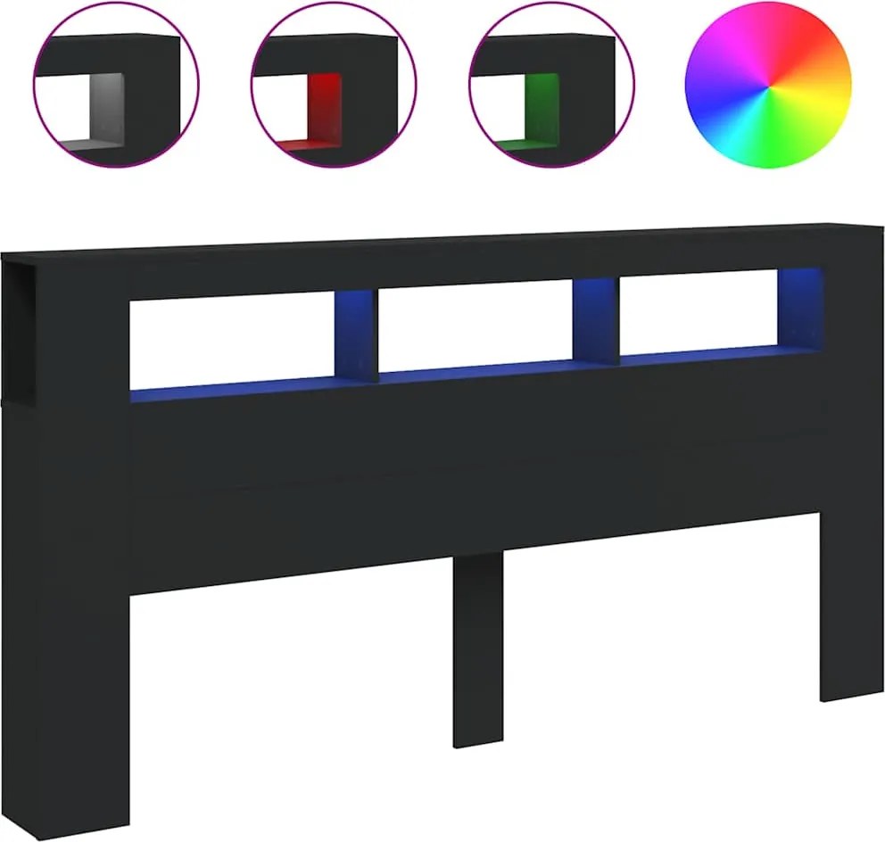 vidaXL fekete szerelt fa LED-es fejtámla 200 x 18,5 x 103,5 cm