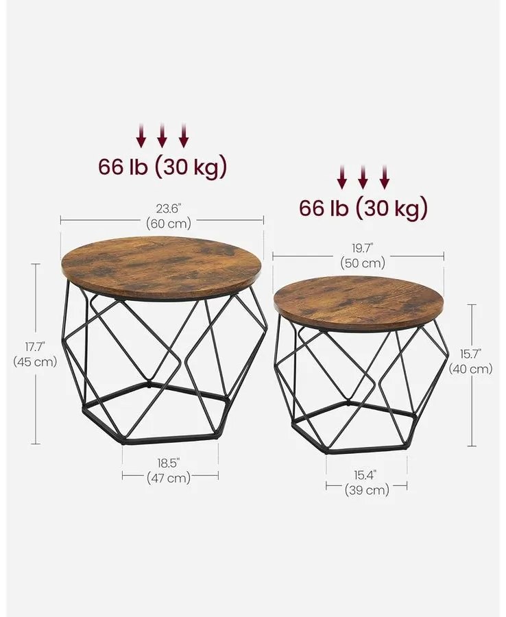 Dohányzóasztal, 2 oldalsó asztal, Ø60cm és Ø50cm, barna-fekete