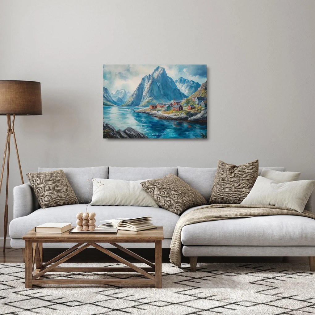 Üveg kép - Norvég falu (70x50 cm)