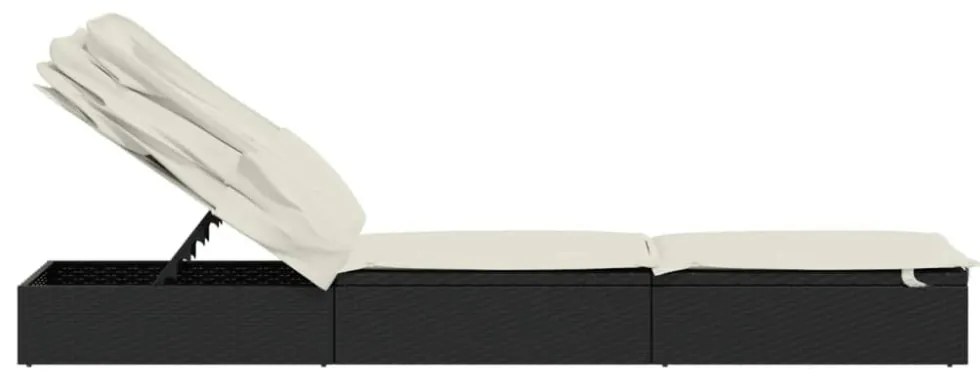 fekete polyrattan napozóágy összecsukható tetővel 213x63x97 cm
