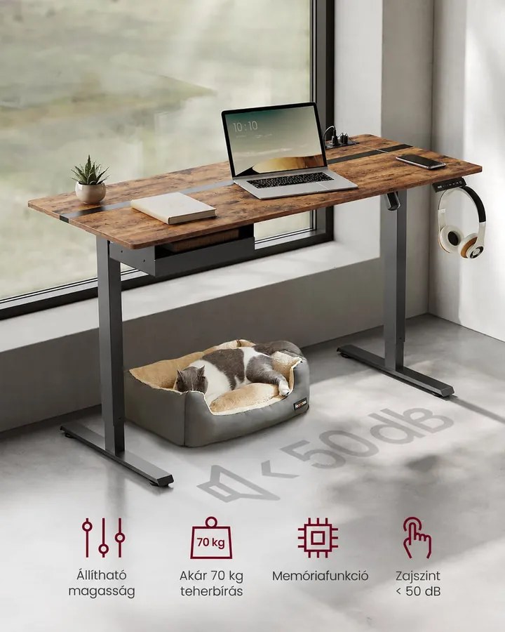 Elektromos magasságállítható íróasztal 140 × 60 cm, konnektorokkal és USB-portokkal, vintage barna-fekete