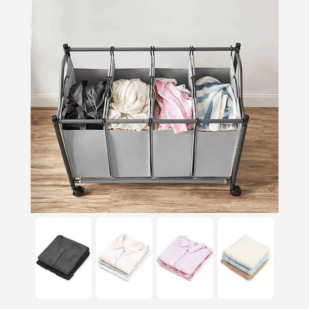 Szennyeskosár görgőkkel 4 x 35L, 4 kivehető táskával, szürke