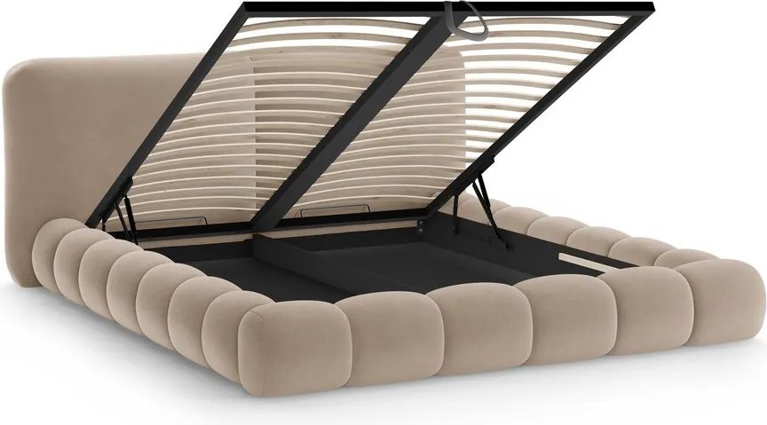 Világosbarna kárpitozott ágyneműtartós franciaágy ágyráccsal 180x200 cm Solange – Micadoni