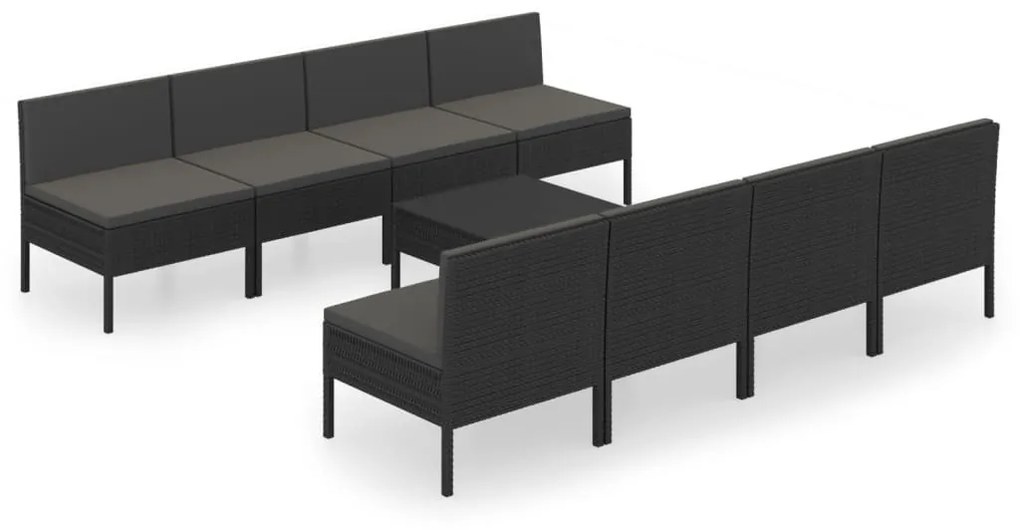 9 részes fekete polyrattan kerti bútorszett párnákkal
