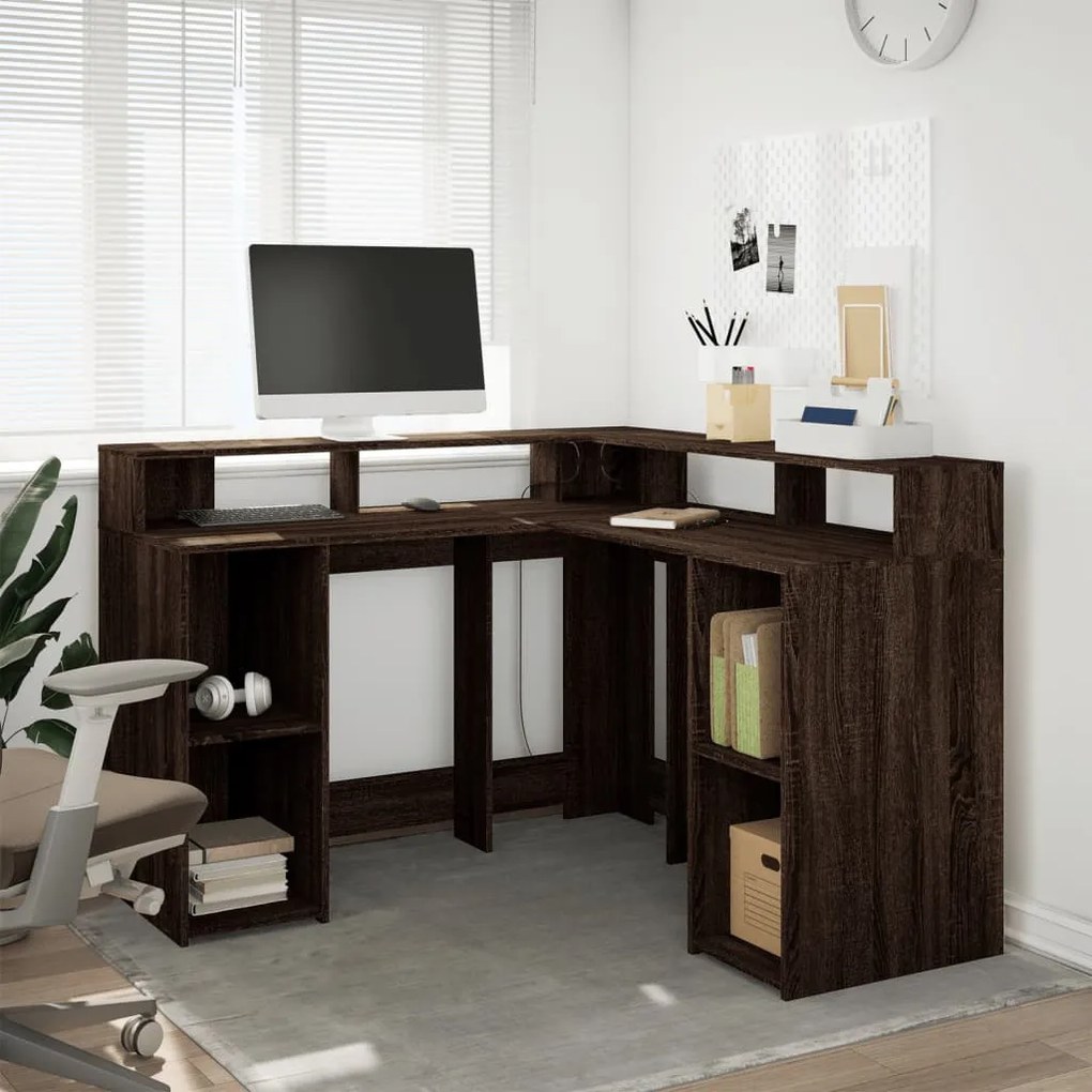 barna tölgy színű szerelt fa íróasztal LED-ekkel 130x130x91 cm