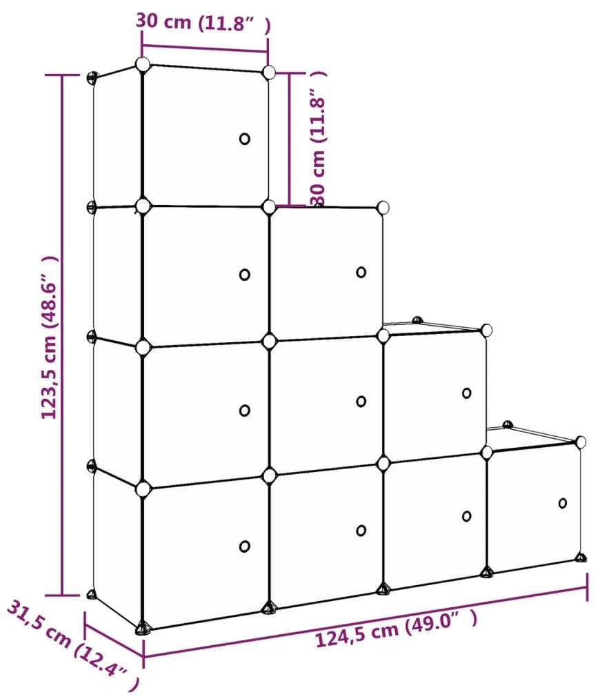 gyerek kocka alakú tárolószekrény 10 fehér PP kockával