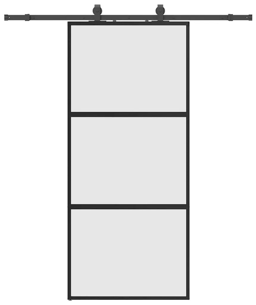 Fekete edzett üveg tolóajtó fémszerelék szettel 90x205 cm