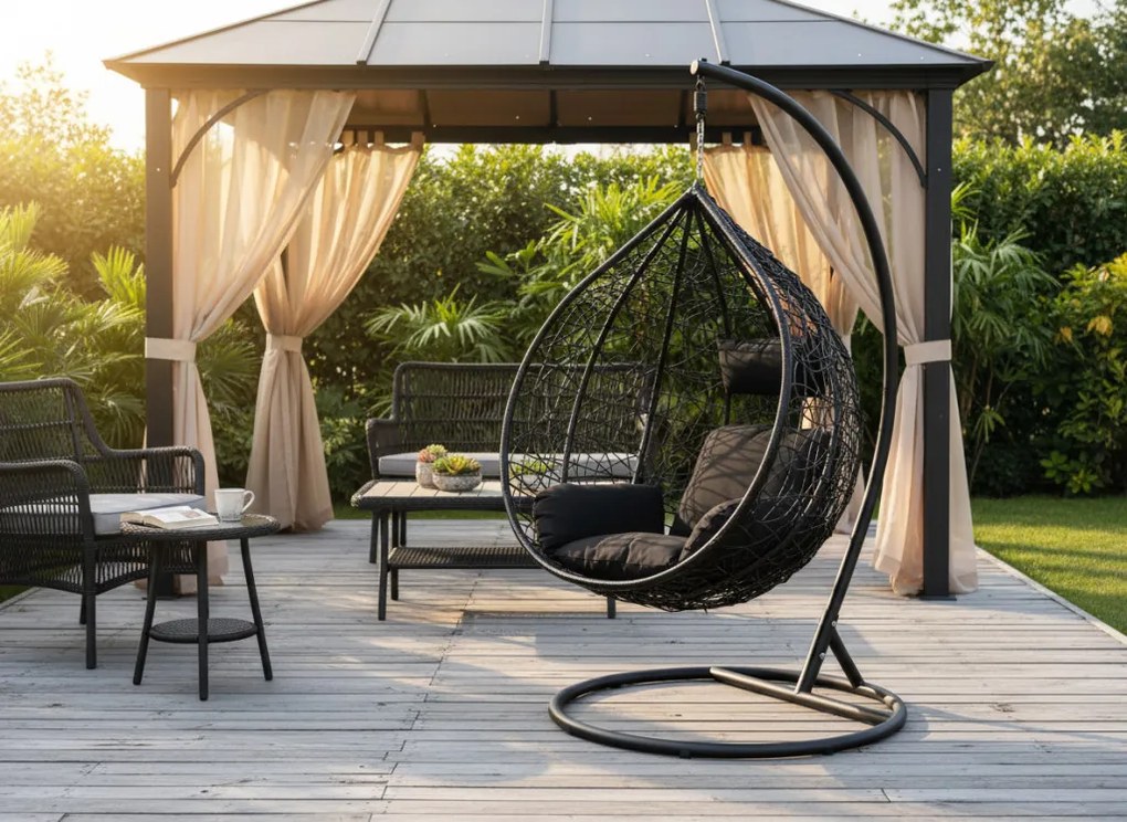 FEKETE FÜGGŐFOTEL, FEKETE PÁRNÁVAL, FEKETE KERETTEL (118 x 107 x 68 CM)