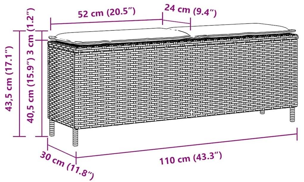 világosszürke polyrattan kerti pad párnával 110x30x40,5 cm