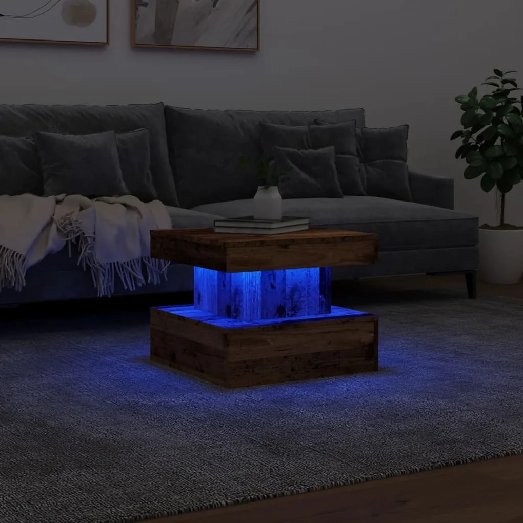 Antik fa színű dohányzóasztal LED-lámpákkal 50 x 50 x 40 cm