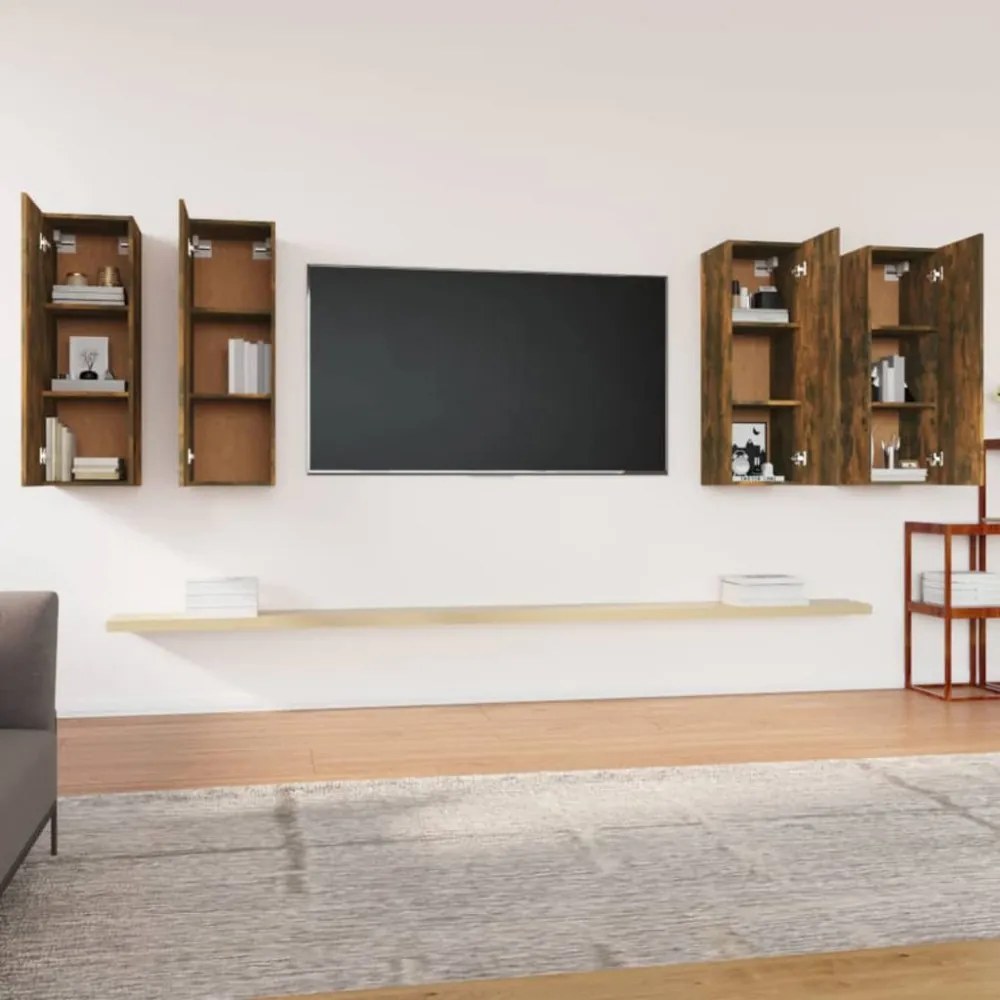 4 db füstös tölgy színű szerelt fa TV-szekrény 30,5x30x90 cm
