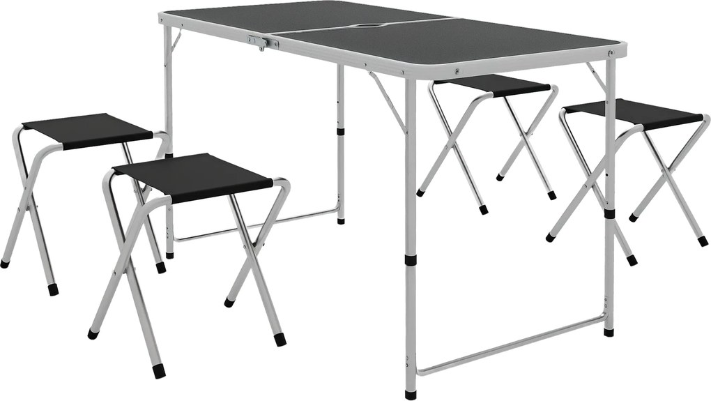 Outsunny 5 darabos Kemping Szett Összecsukható Kemping Asztal Székekkel, 1 Magasságban Állítható Asztallal Napernyő Lyukkal 120x60x55-70 cm és 4 Össze
