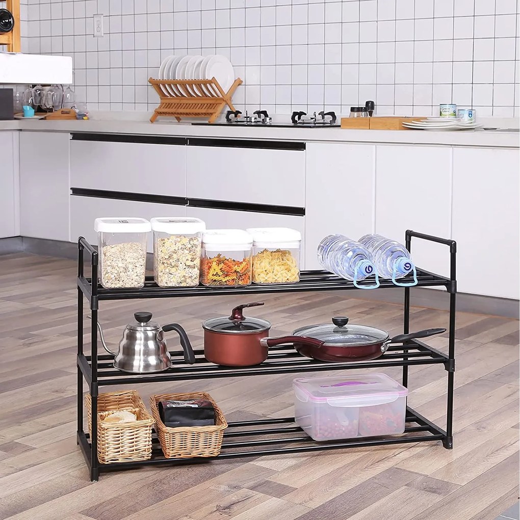 Cipőtartó állvány, 3 szintes 12-15 pár cipőhöz, 30 x 92 x 54 cm, fekete
