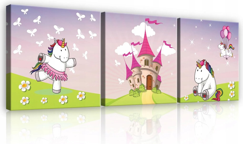 Vászonkép 75x25 Unikornis kastély mese mágia gyermekkor álmok pasztell