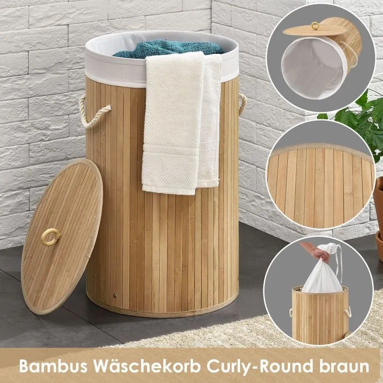 Bambusz szennyestartó kosár kerek 55 L fedéllel és zsákkal