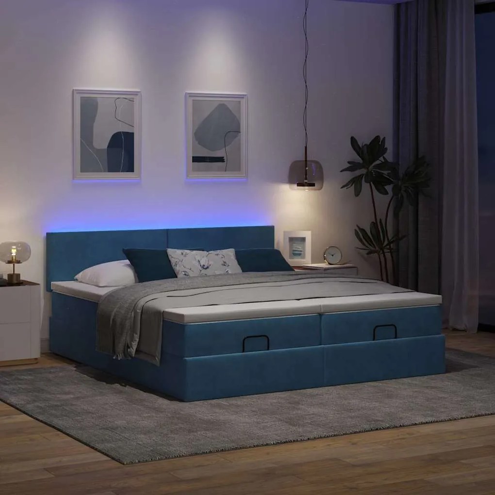 Ottomán ágy matracokkal &amp; LED-ek Sötétkék 200x200cm bársony