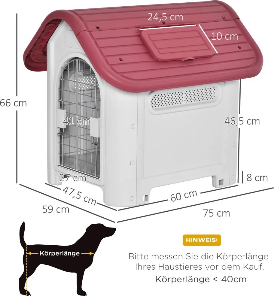 PawHut Kutyaház, vízálló kutyabarlang légkeringetéssel, kunyhó kis kutyáknak, kültéri, piros-világosszürke