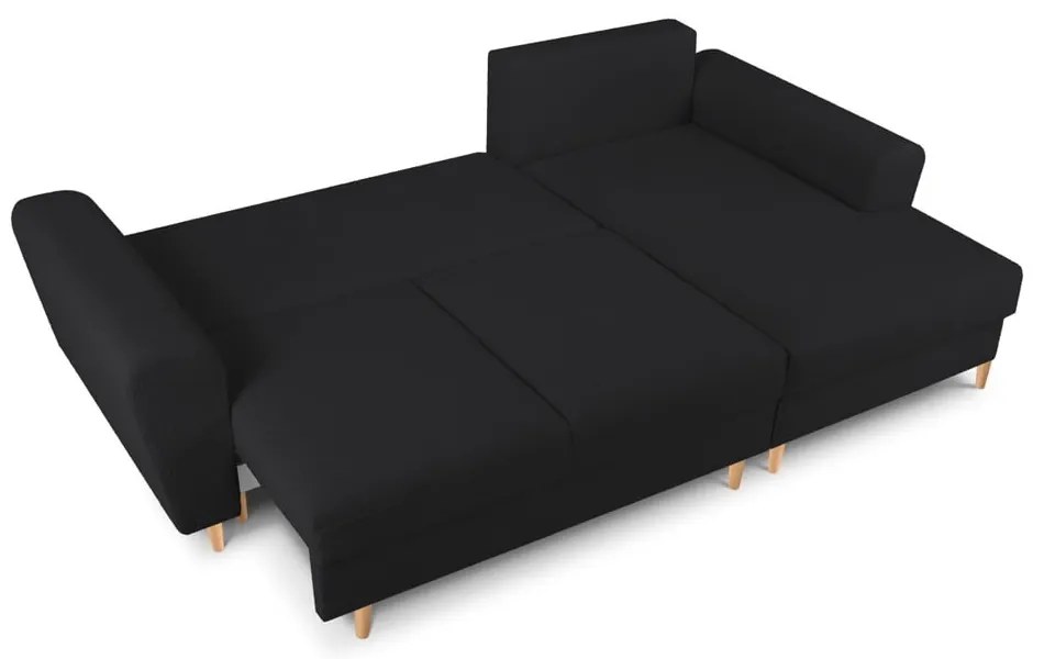 Fekete buklé kinyitható tárolóhelyes sarokkanapé (jobb oldali-heverő résszel) Kyoto – Cosmopolitan Design