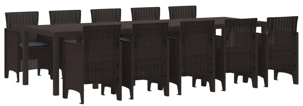11 részes kert étkező szett párnákkal barna poli rattannal, barna kertasztal 150x100x73 cm poli rattannal, kert székek párnákkal 2 db barna poli rattannal, kert székek párnákkal 4 db barna poli rattannal