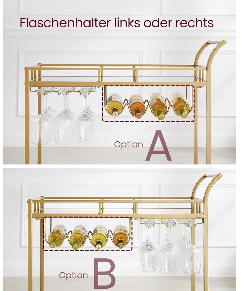 Zsúrkocsi, felszolgáló kocsi tükrös polccal 80 x 77,5 x 38 cm, arany