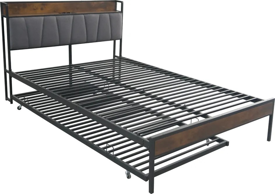 Ágy ágyráccsal és kihúzható pótággyal, 140x200, fekete/szürke, NORDO