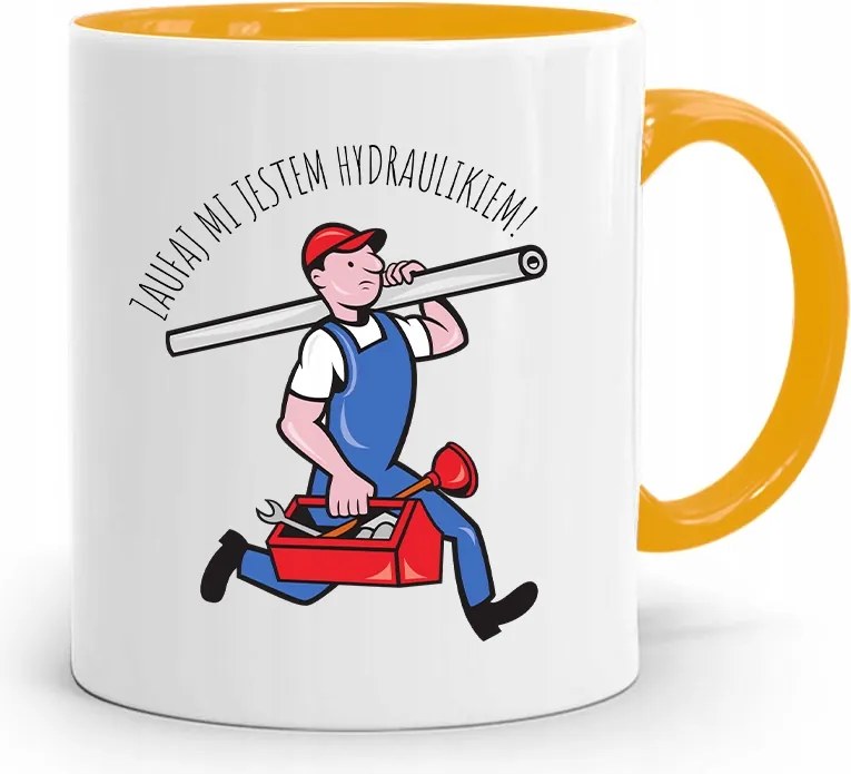 Sárga Bögre Ajándék Vízvezeték Szerelőnek Bízz Bennem fényképes nyomattal