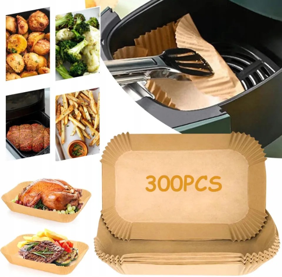 300x Papírbetét tálca Air Fryer zsírmentes olajsütőhöz 22x14cm