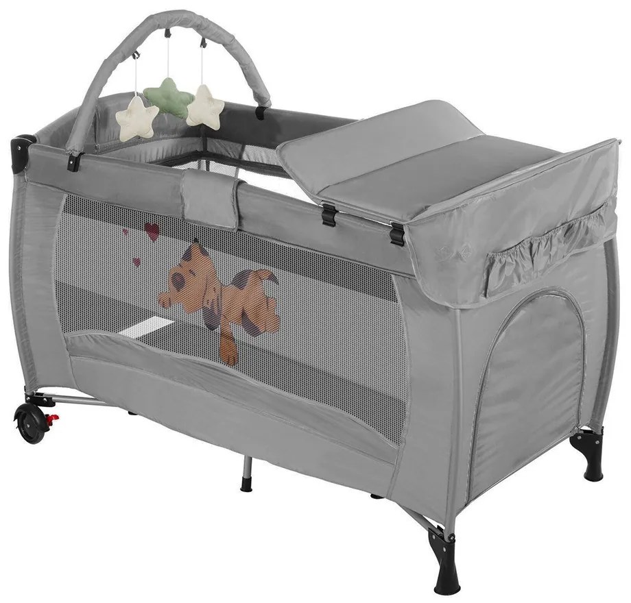 Utazóágy pelenkázó lappal és játékhíddal, szürke