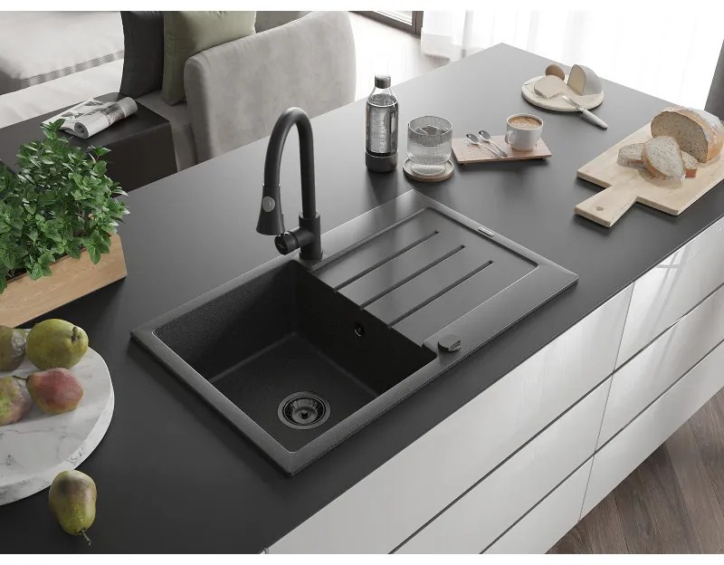 Mexen Bruno, 1 kamrás gránit mosogató 795x495x200 mm és Elia mosogató csaptelep, fekete foltos, 6513-76-670101-70