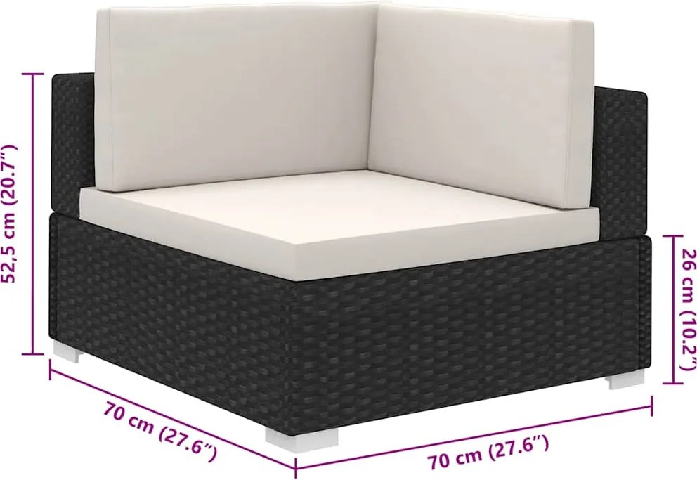 8-részes fekete polyrattan kerti bútorszett párnákkal