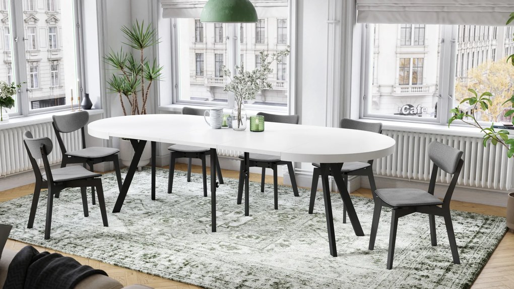 Mazzoni EXPANSO Fehér Matt/fekete lábak - LOFT/IPARI STÍLUSÚ 310 cm-re BŐVÍTHETŐ NAGY KEREK ASZTAL Ø110 Y LÁBAKKAL