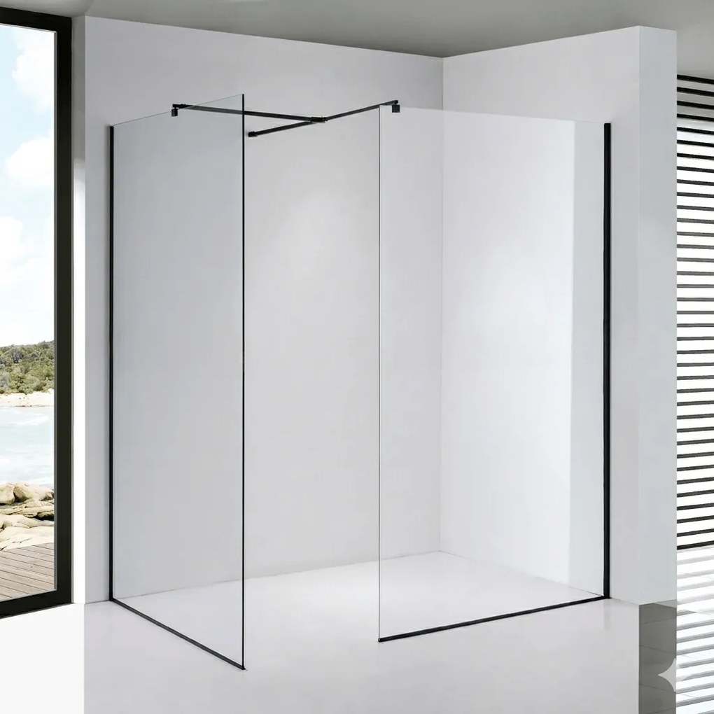 Stuxi Milano Kombi Black Walk-in zuhanyfal, 110x90 cm, 8 mm vastag vízlepergető biztonsági üveggel, 200 cm magas, matt fekete