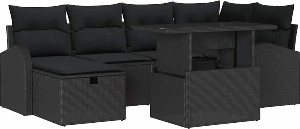 vidaXL Kerti Kanapé Szett párnával tárolóval 7 pcs Fekete Poli rattan