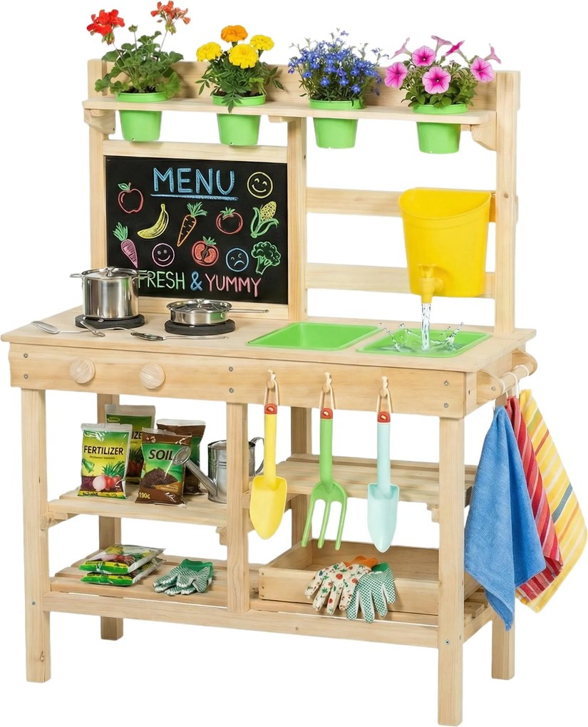 AIYAPLAY kültéri játékkonyha — fa mosogató, virágládák, krétatábla, polcok (3–6 év) | Aosom