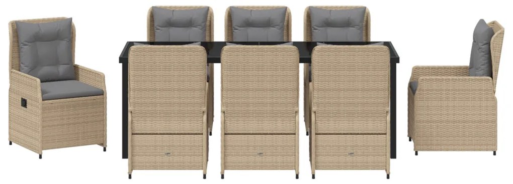 9 részes kerti étkező garnitúra bézs poli rattan, Kerti asztal fekete 200x80x73 cm edzett üveggel