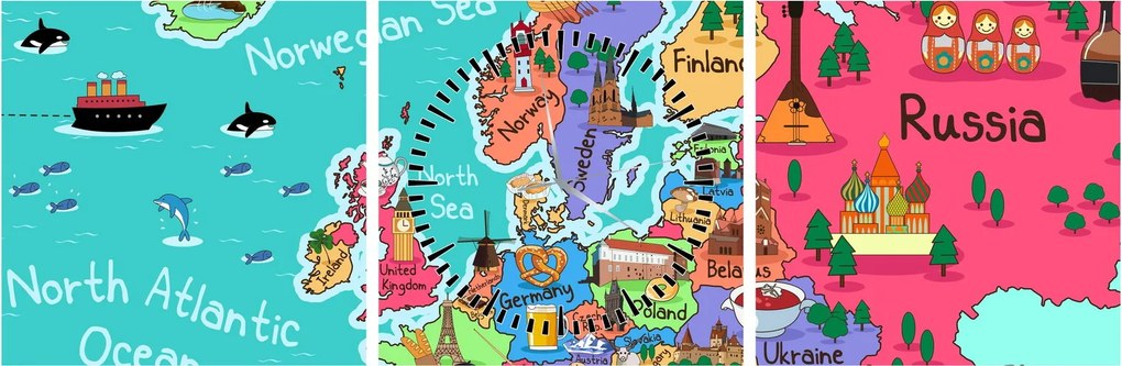 Kép - gyermek térkép Európa (órával) (90x30 cm)