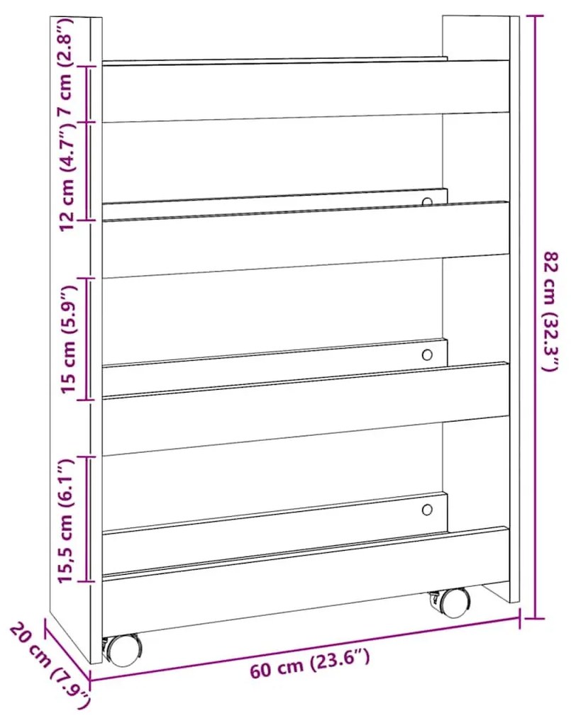 4 szintes kézműves tölgy színű szerelt fa keskeny tárolókocsi