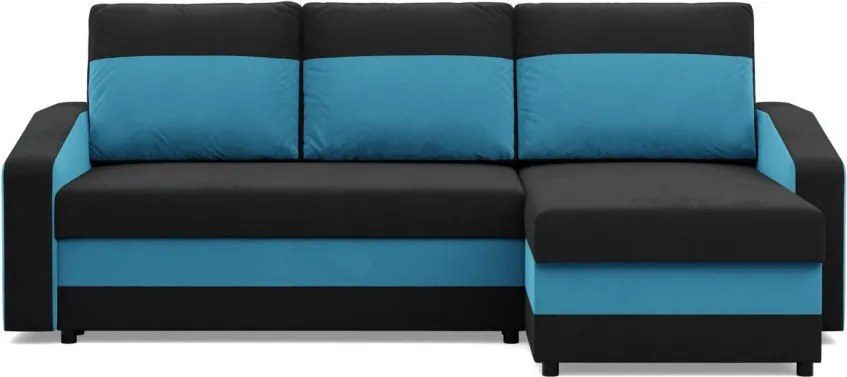 Hewlet sarokkanapé, 2 ágyneműtartóval, szövet anyag, univerzális oldal, bonell töltet, fekete - kék