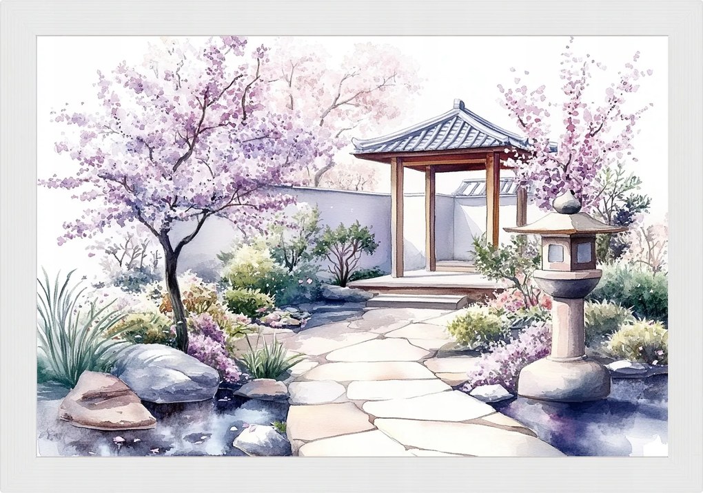 Poszter Keret Fa Akvarell Japán Kert Cseresznye Sakura Virágok 60x40