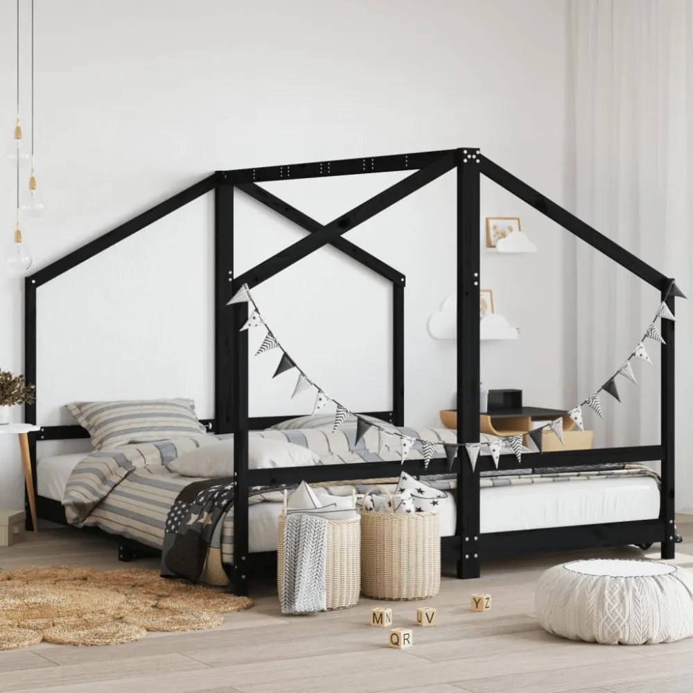 fekete tömör fenyőfa gyerekágykeret 2 x (90 x 200) cm