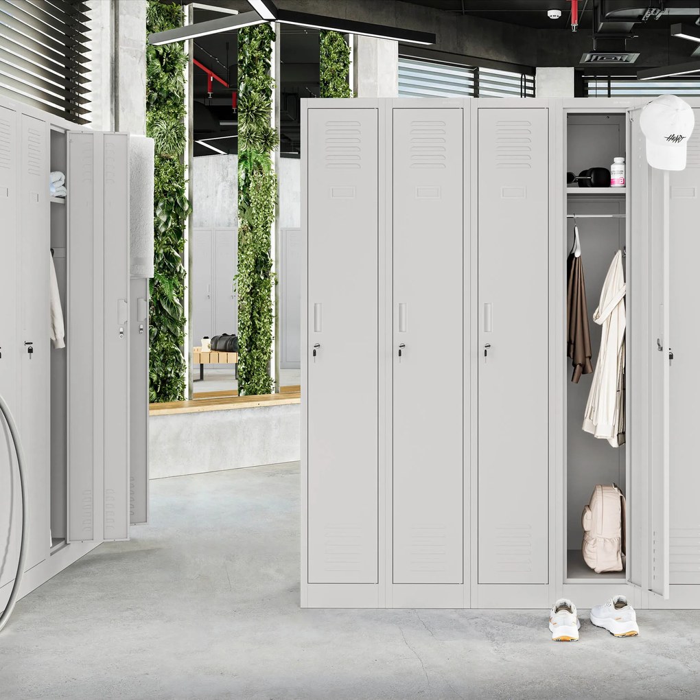 Pléh öltözőszekrény talpazaton, négymodulos, polcokkal KACPER II, 600 x 1800 x 500 mm, szürke