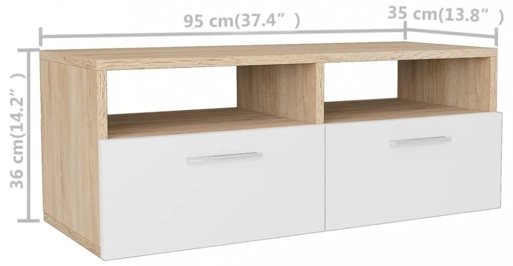 2 db tölgyfa színű/fehér faforgácslap TV szekrény 95x35x36 cm