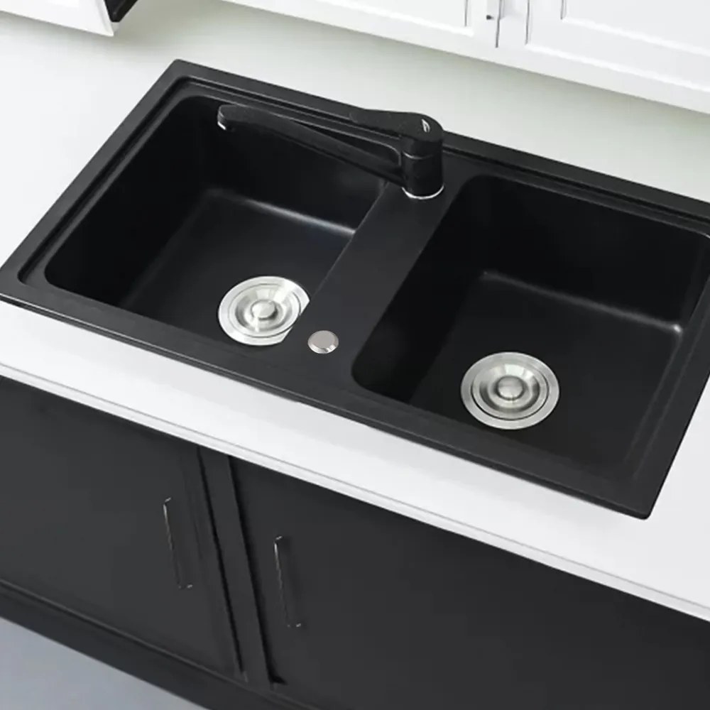 Tia szögletes két medencés gránit mosogató szifonnal fekete 780 × 435 mm