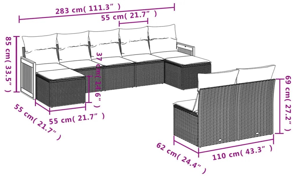 9 részes fekete polyrattan kerti ülőgarnitúra párnákkal