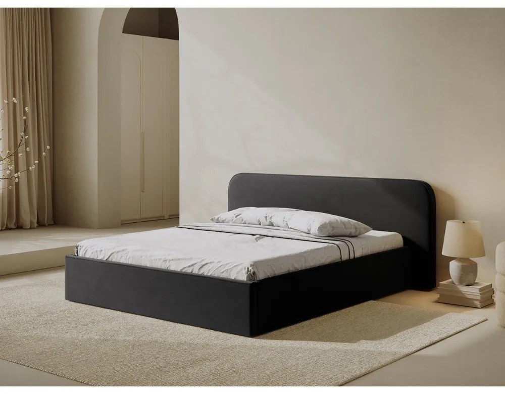 Fekete kárpitozott ágyneműtartós franciaágy ágyráccsal 200x200 cm Elizabeth – Micadoni