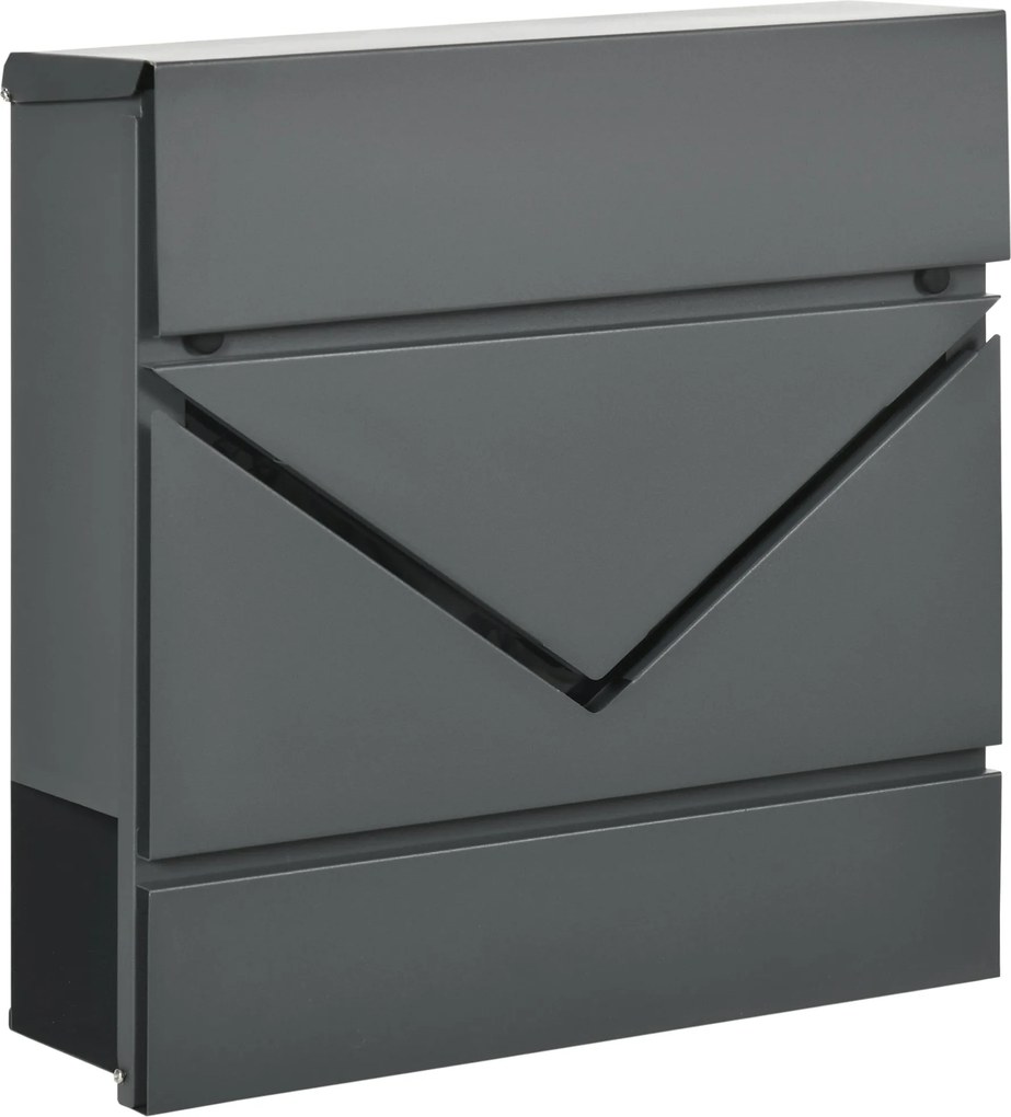 HOMCOM Falra Szerelhető Postaláda Zárral, Fedéllel, Horganyzott Acélból, Kültéri Használatra, 37 x 10,5 x 37 cm, Sötétszürke | Aosom