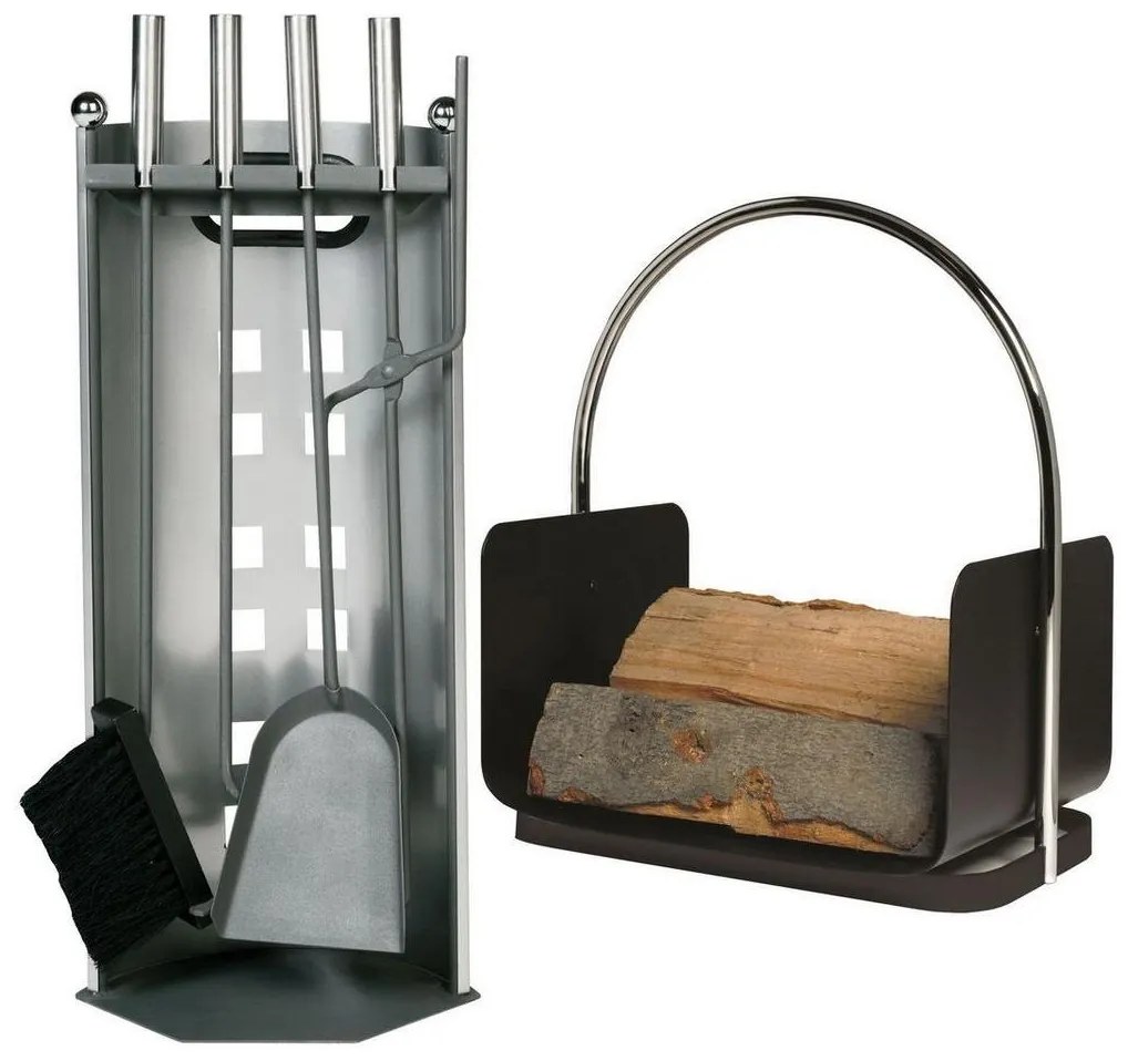 Kandalló szerszámok és fához való kosár készlet nyéllel 6 db antracit