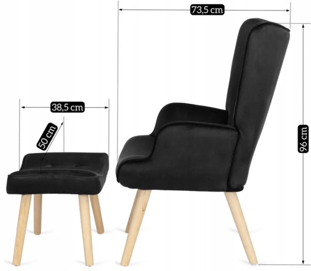 Füles Fotel Lábtartóval Fekete Bársony Kárpittal. LOZANO 2