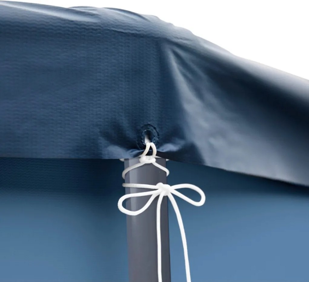 Kerek medencetakaró, Intex Deluxe négyévszakos, csővázas medencéhez, 732 cm átmérő, sötétkék, UV-álló háromrétegű anyag, 20 cm-es túlnyúlással, köteles rögzítéssel (28091)