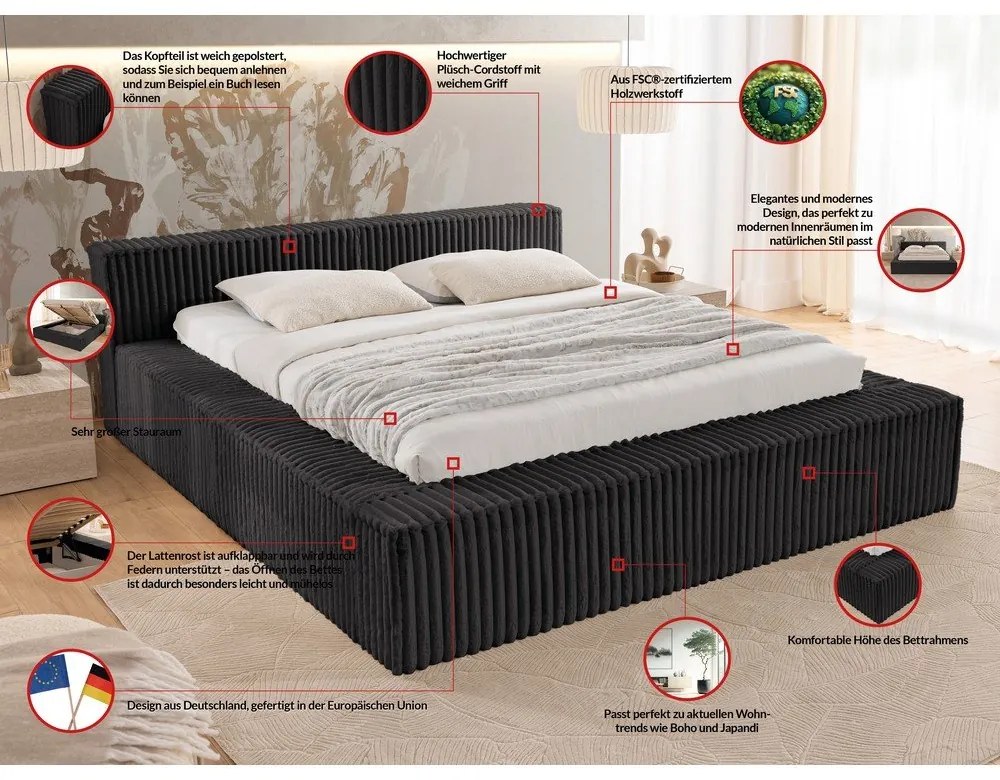 Fekete kárpitozott ágyneműtartós franciaágy ágyráccsal 140x200 cm Cloe – Ropez